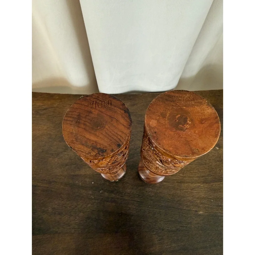 VTG PAIR‎ (2) Hand Carved Teak Wood Candle Holders Brass Inserts 8